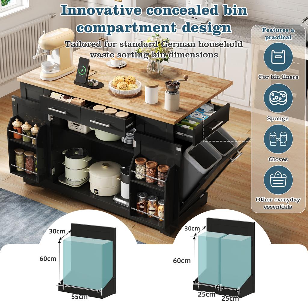 138 cm, Isola da Cucina con Piano di Lavoro Pieghevole, Ruote Silenziose, Presa EU, Ripiani Regolabili e Scomparto Rifiuti Estraibile - Nero con Effetto Legno
