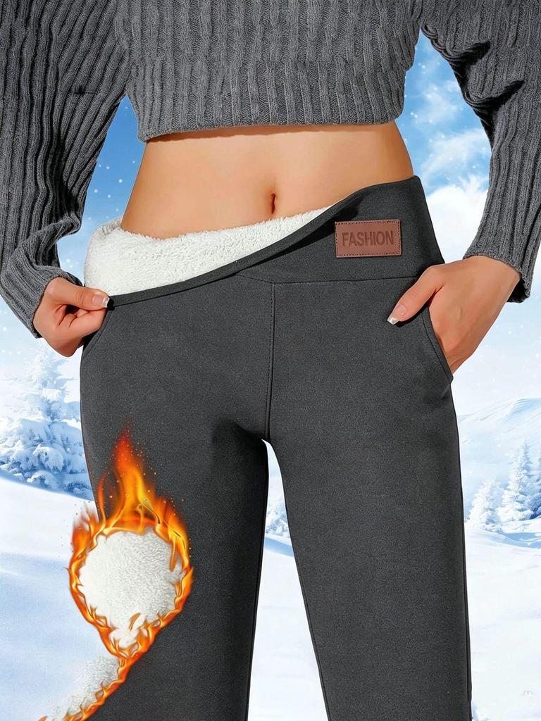 Women's High Waist Fleece-Lined Tummy Control Leggings with Pocket and Leather Label