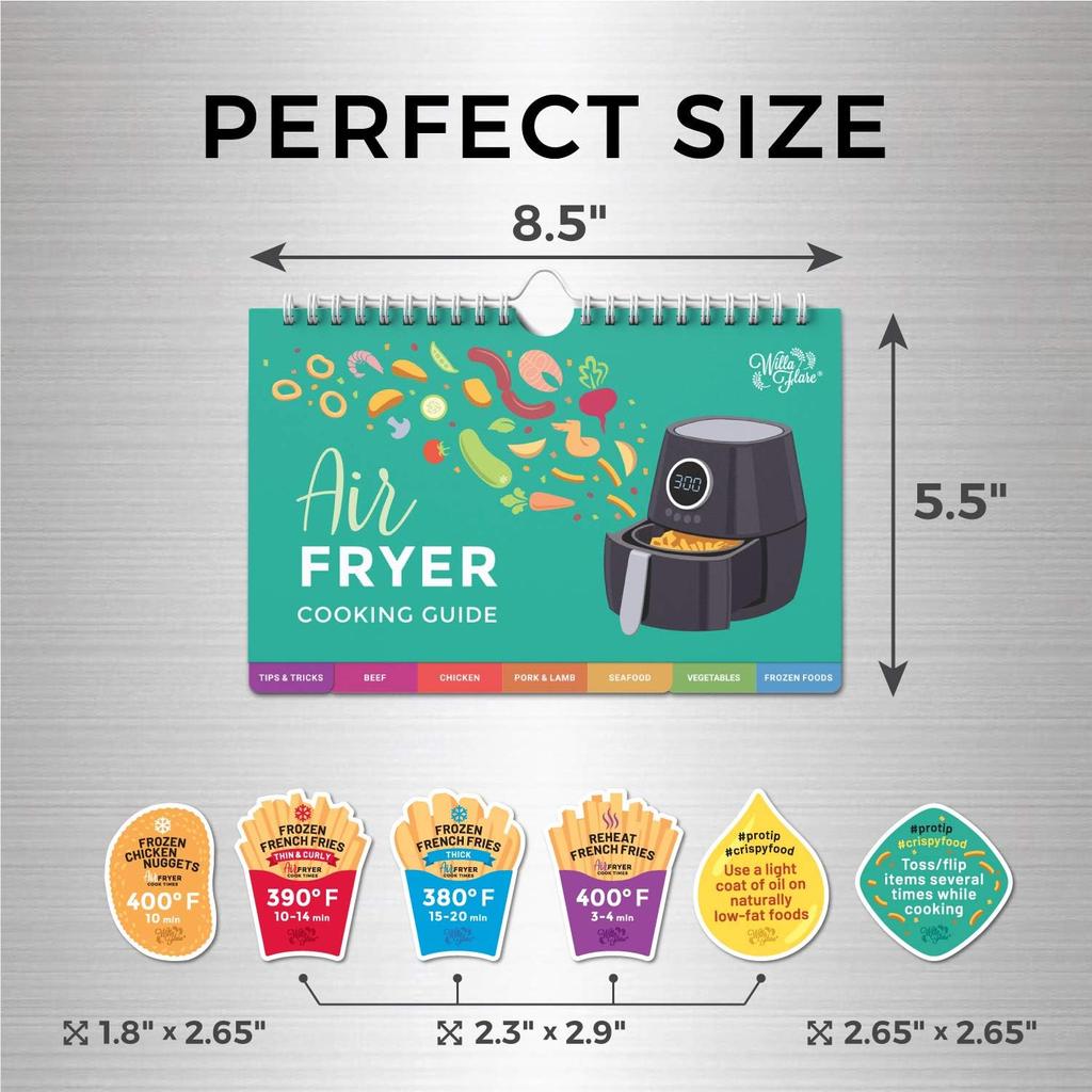 Willa Flare Air Fryer Magnetic Cheat Sheet Cooking Times Reference Guide for 80 Foods - Flip Chart and 6 Vinyl Decal Stickers | Perfectly Fry Family