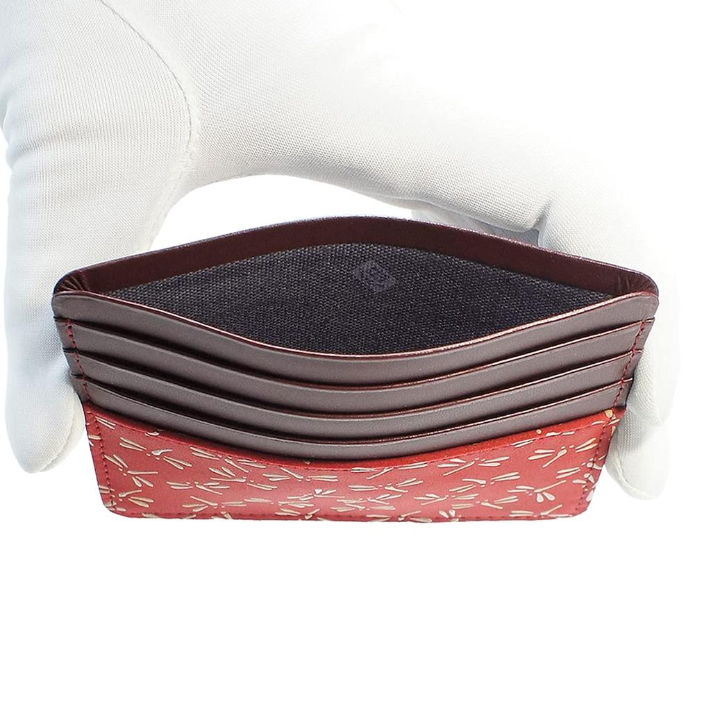 Indenya Slim Card Case, Thin, Deerskin Leather with Red and White Lacquer, Dragonfly Pattern, 2530-13-008