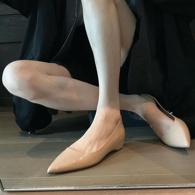 Sheepskin Version Spring and Autumn French Style Black Inner Height-increasing Women's Shoes Pointed Flat Shoes Women's Shallow Mouth Shoes Versatile