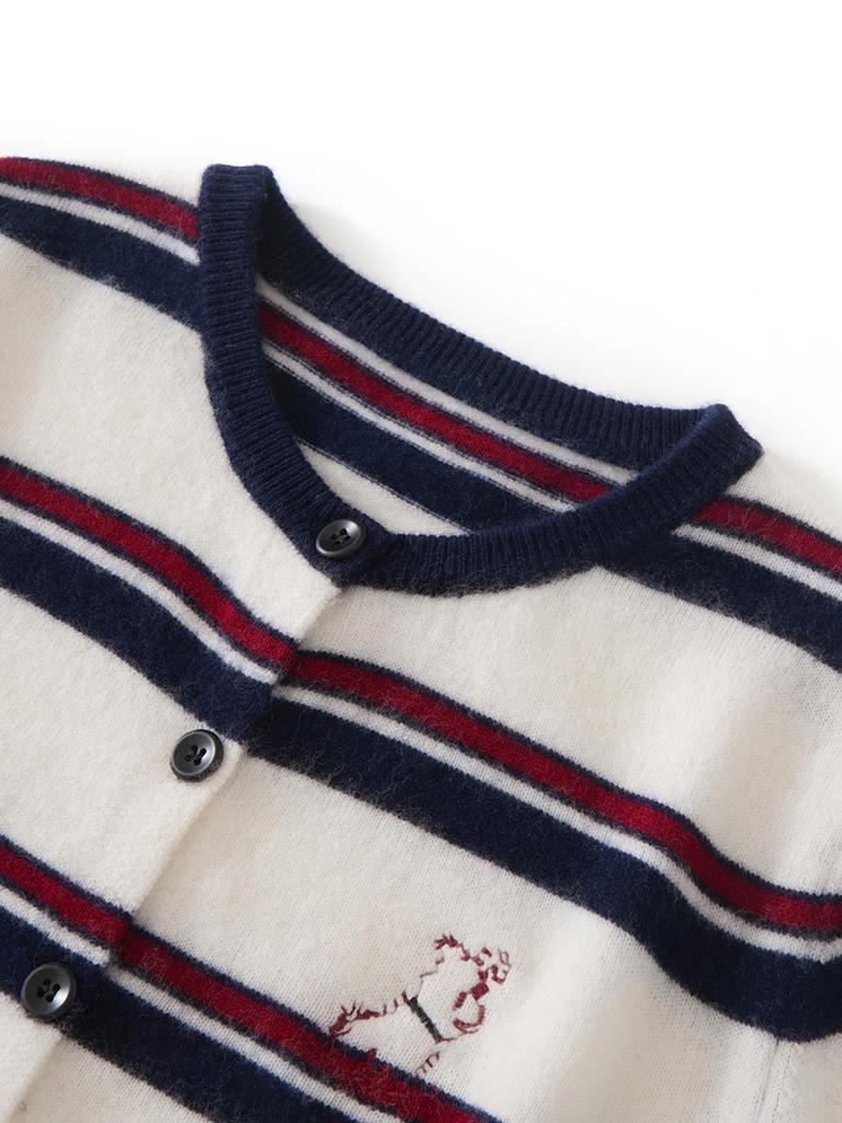 Korean Style Cashmere Puppy Embroidery Striped Crew Neck Sweater Coat for Women - Autumn/Winter Loose Knit Cardigan