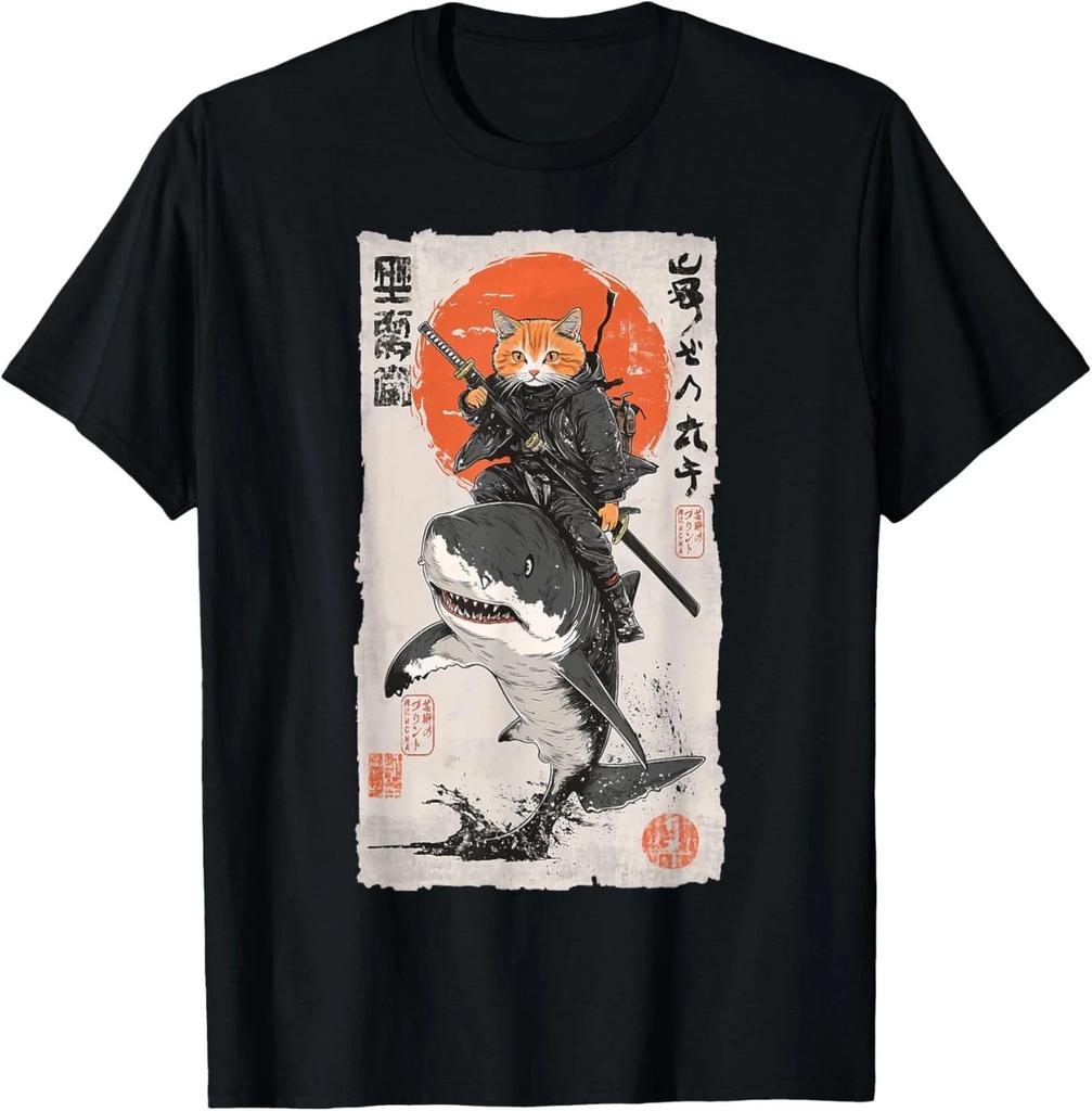 Epic Ninja Cat Riding Shark Funny Japanese Ukiyo-e Art T- Shirt