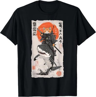 Epic Ninja Cat Riding Shark Funny Japanese Ukiyo-e Art T- Shirt
