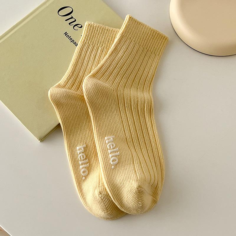 

YX Women s Solid Color Cotton Mid-Calf Socks: Autumn & Winter Macaron Cream Hot Stamping One Size (36-41)
