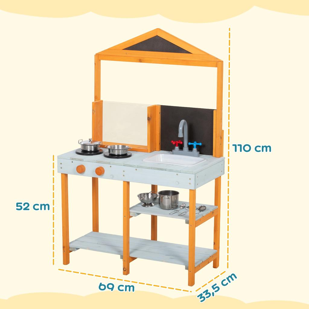 Cucina di Fango per Bambini, Cucina Giocattolo in Legno da Esterno con Lavello, Fornello, Pentolame, Mensole, Giocattolo per Giochi di Finzione per Età 3-8