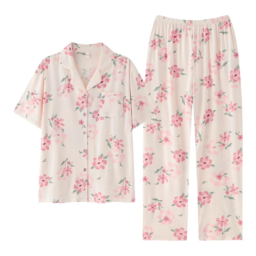 

Комплект пижамы IDOHEMO Tencel с блузкой и брюками с цветочным принтом размера XXL для женщин, свободного кроя с открытой передней частью, с принтом, удобный, дышащий, антибактериальный, розовый