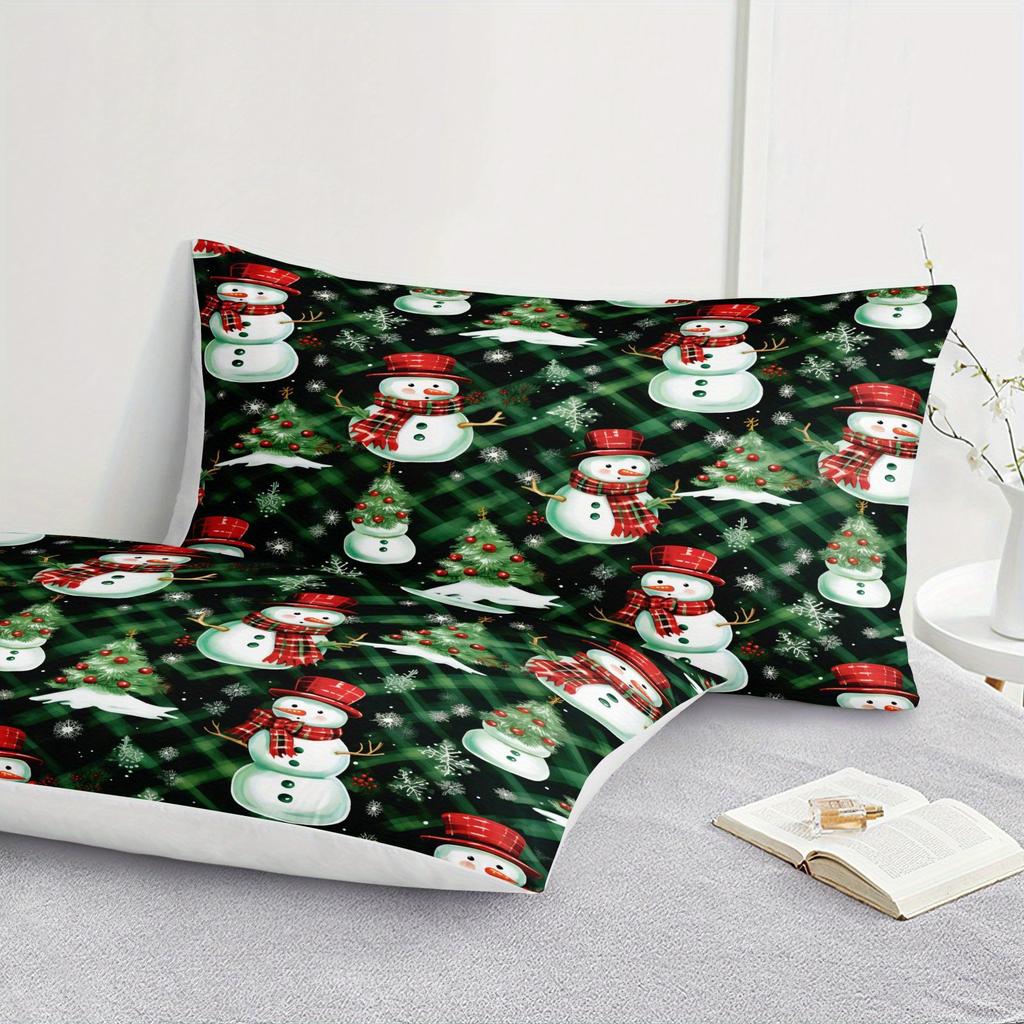 Rutigt jul-snögubbe sängset i polyester, mjukt bekvämt formsytt lakan och örngott, 20x30 tum, flera storlekar
