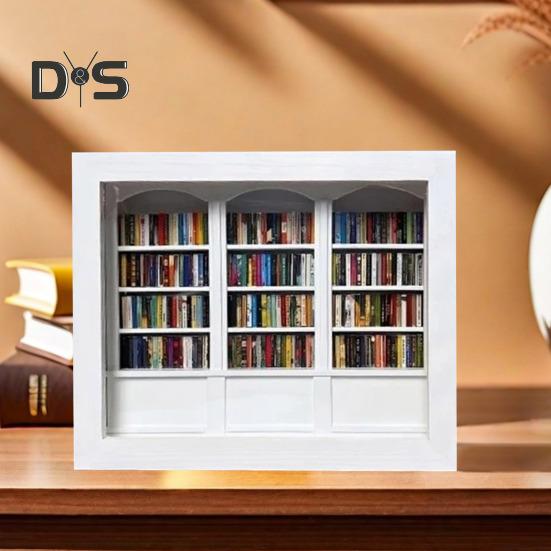 Anxiety Relief Mini Bookshelf Realistic Miniature Bookshelf Ornament with 300 Pcs Mini Book Wood Simulated Mini Bookshelf for Book Lovers Home Office