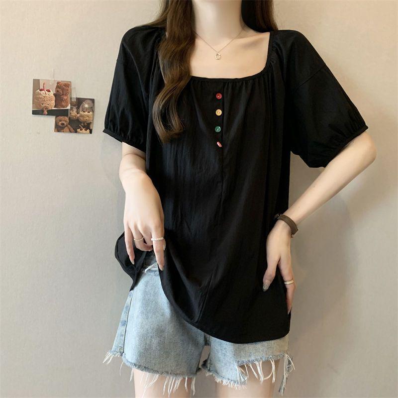 

Women s Plus Size Square Neck Short Sleeve Slimming Button Top - Summer 2025 Collection S чорний