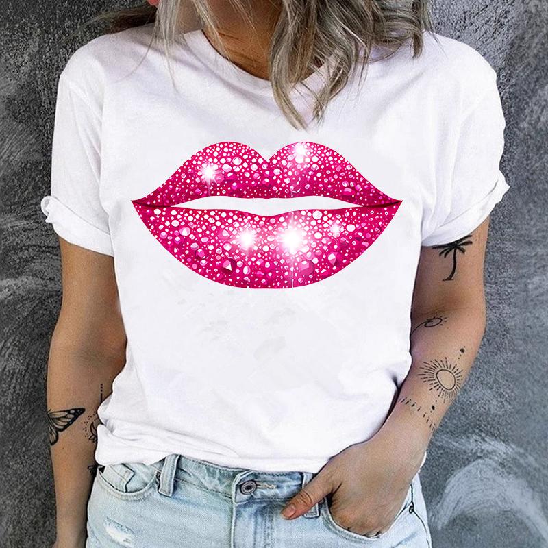 cotton 100% Premium T-shirt)Hot Pink Lips Funny Summer Women T-Shirt Harajuku Print Fashion Short Sleeve Summer Casual T-Shirt