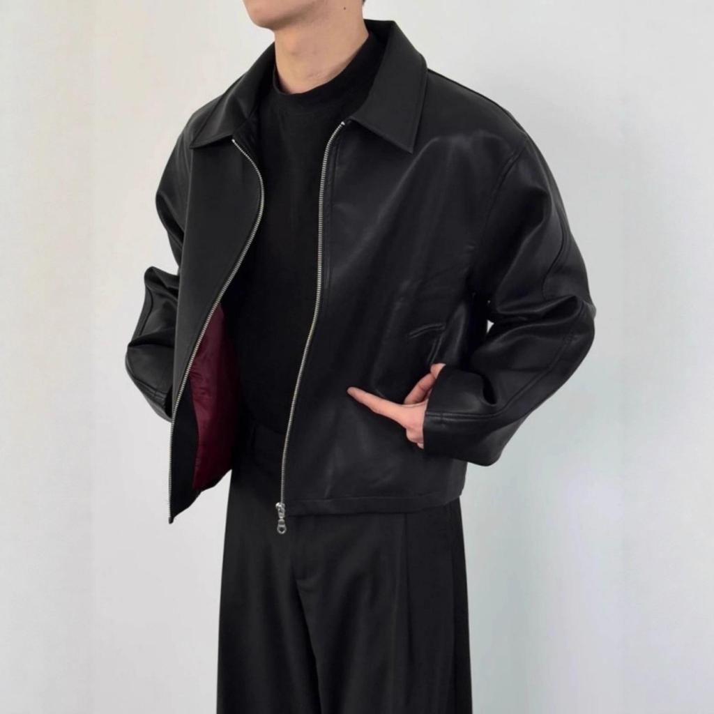 Men's American Retro Cleanfit Red Lined High-End PU Leather Jacket for Spring/Autumn