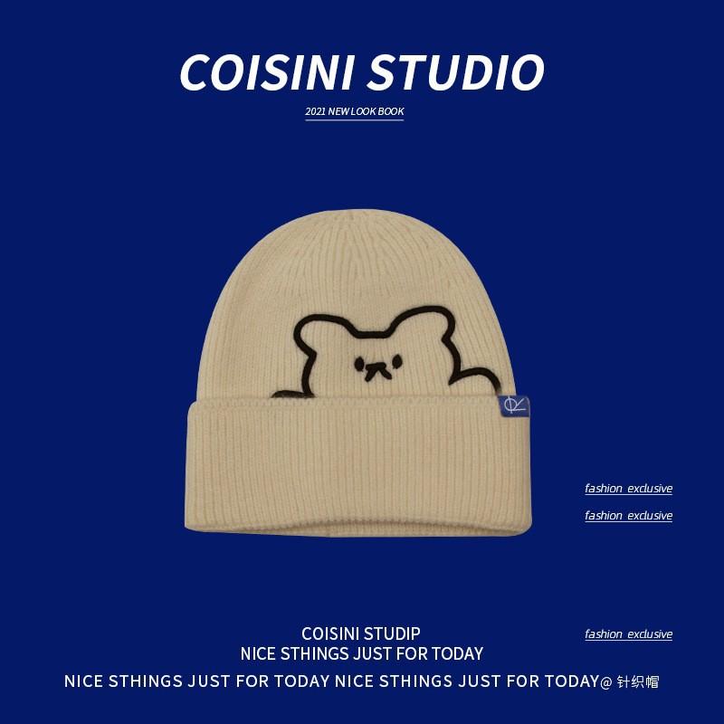 New cute bear embroidered wool hat women's autumn and winter warm ear protection cloth label knitted hat men's versatile women