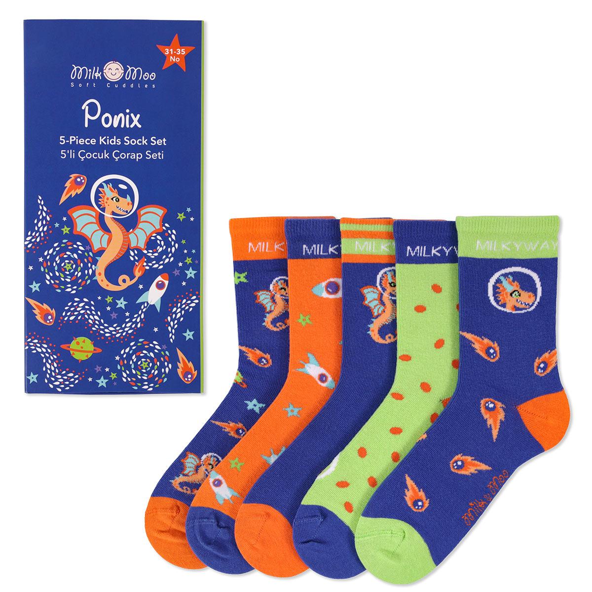 

Milk&Moo Ponix Kids 5-Piece Socks Set, Size 31-35, Soft and Fun Design