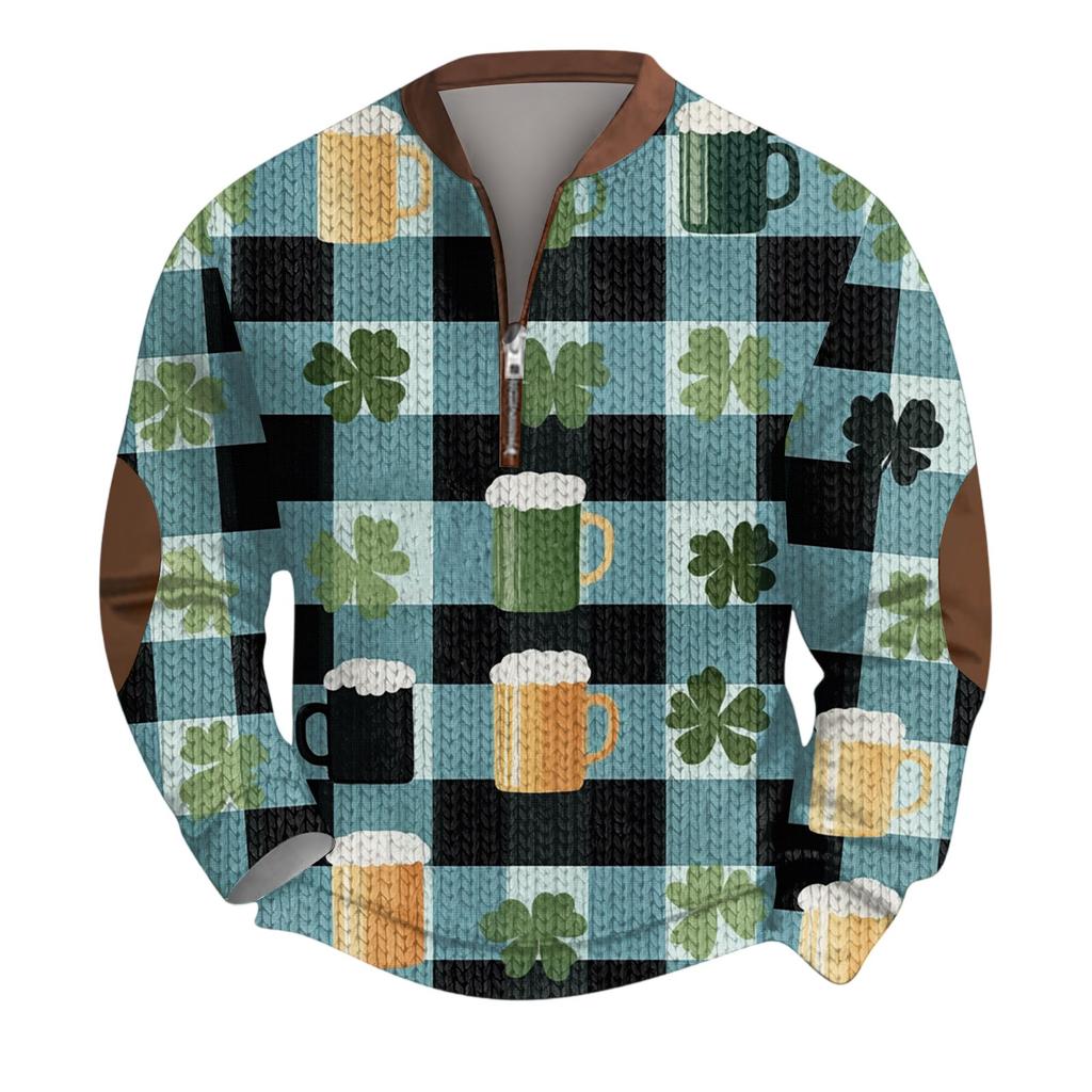 Mens Christmas Sweater Zip Up Sweatshirts Vintage Knit Graphic Sweatshirt St. Patrick's Day Stand Collar Pullover