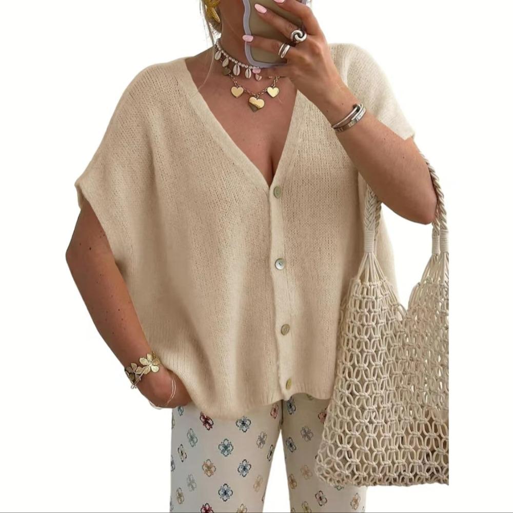 Women New Loose V Neck Short Sleeve Knit Cardigan, Fashion Casual Sweater S