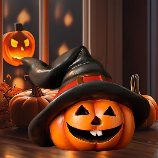Indoor Outdoor Halloween Pumpkin Ornament Witch Hat Design Retro Cute Pumpkin Figurine Table Festival Decoration
