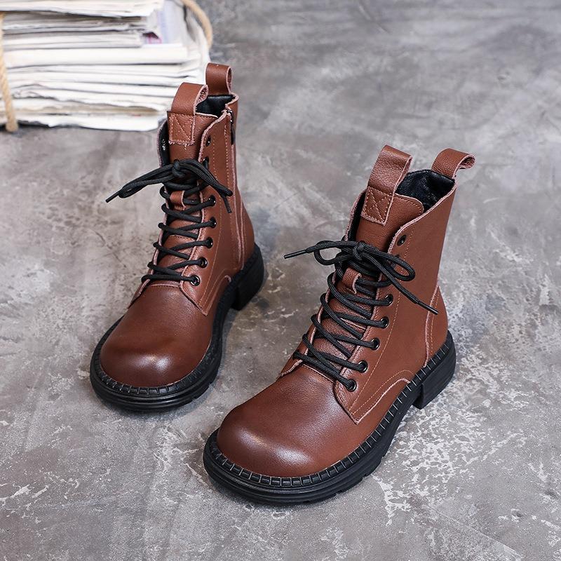 Women Genuine Leather Boots Chunky Platform Square Toe Side Zipper Ankle Boots For Women Winter Warm Lace-up Shoes
