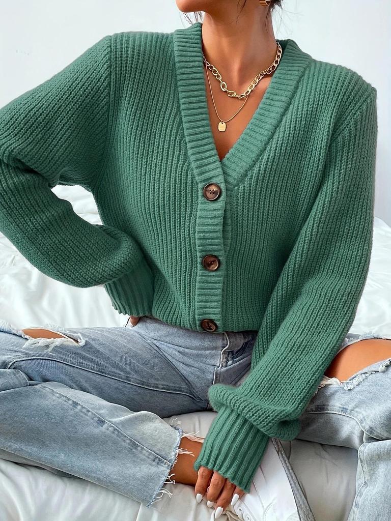 Women's V-Neck Long-Sleeve Knit Cardigan: Solid Color, Trendy, and Versatile Autumn/Winter Outerwear