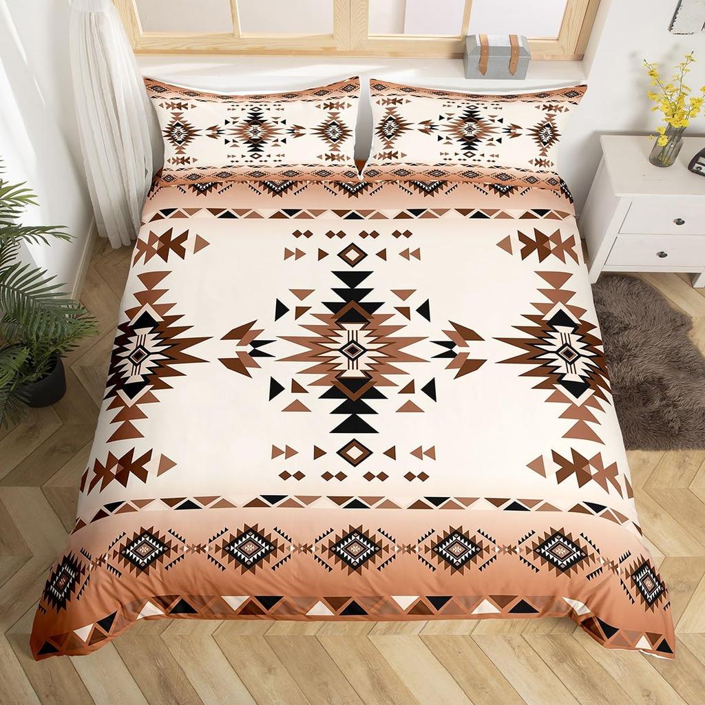 Geometric Aztec Duvet Cover Twin Queen Size,Horseshoe Cactus Western Cowboy Bedding Set,Southwest Rustic Farmhouse Quilt Cover