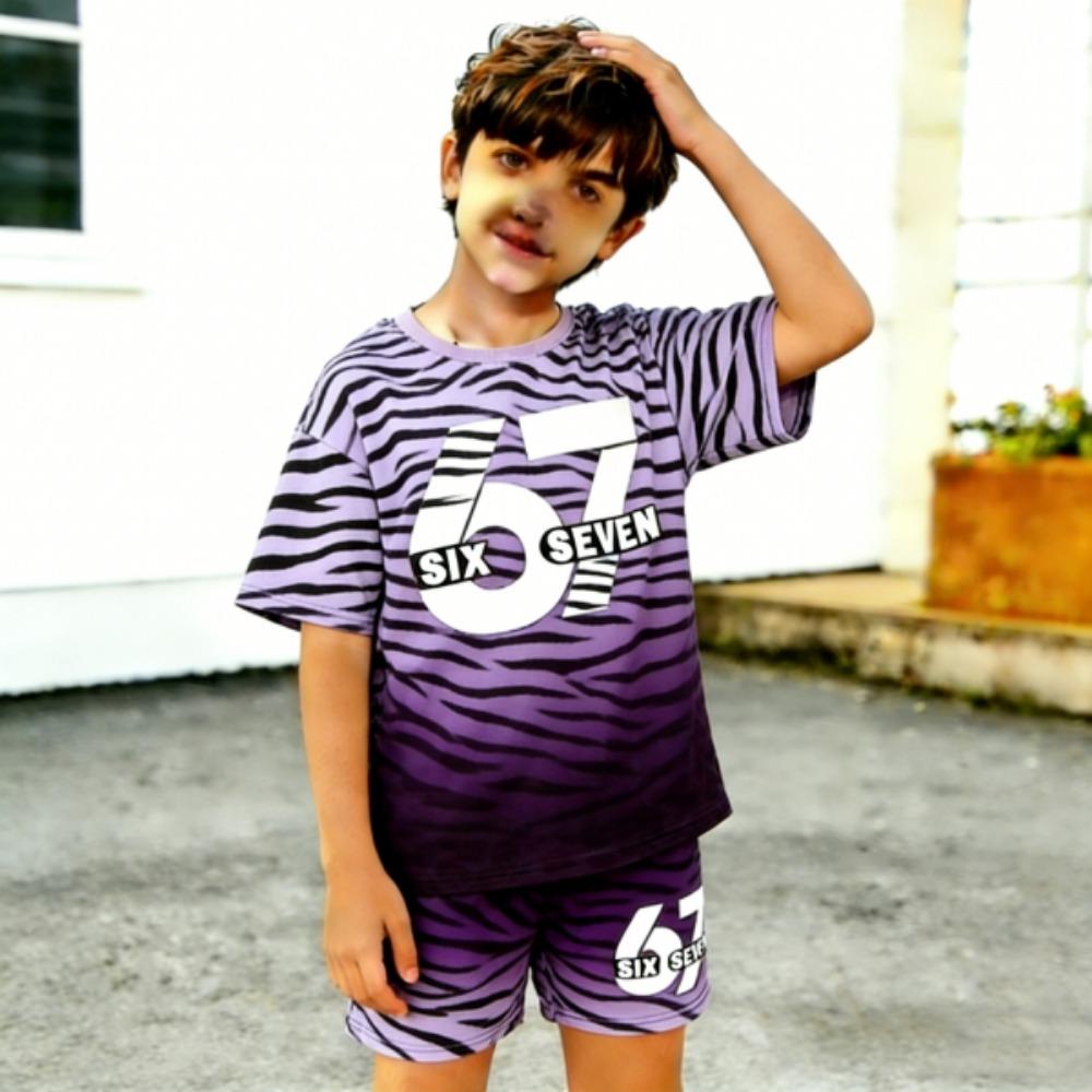 Gradient Zebra Color 67 Printed Kids T-shirt and Shorts 2 Piece Set Summer Casual Outfit for Boy's and Girl's Kids Clothing Top