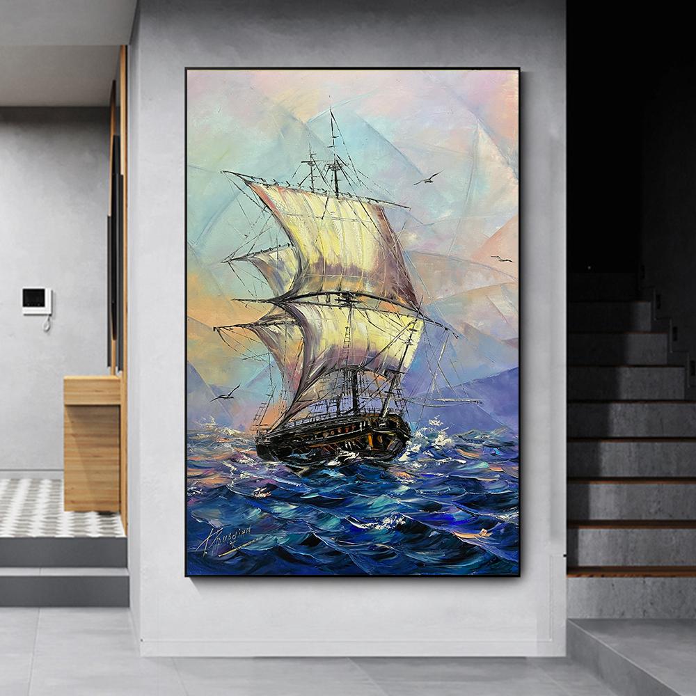 Abstract Ship Canvas Painting Sailing Wall Art Sail Boat Wall Art Seaside Wall Decor Sea Sunset Poster Living Room Decor Unframe