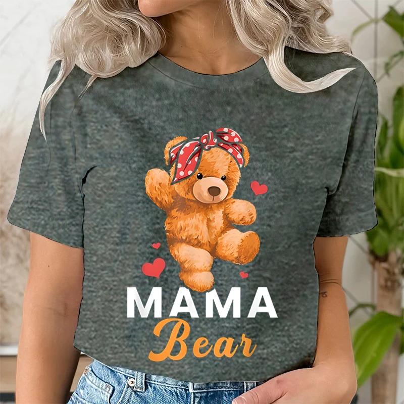Teddy Mama Bear Graphic T Shirts Women Cartoon Bear Lover Graphic Tee Cute Teddy Mom Printed Women Tshirt Cartoon Classic Tops