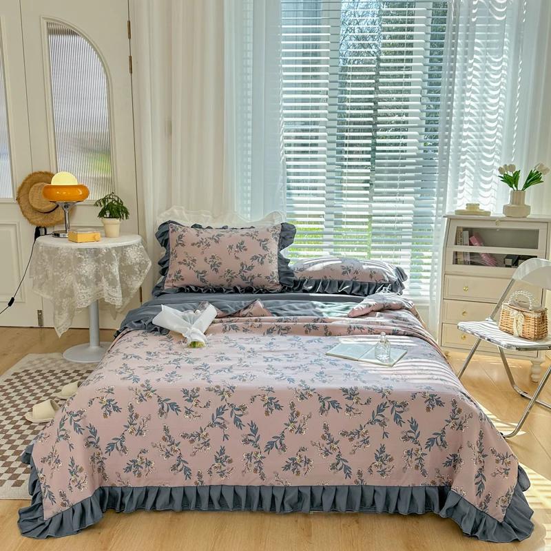 

Cute Cartoon Rabbit Comforter Set Queen Pink Tulip Flowers Summer Thin Quilt Core Soft Botanical Floral Quilt With 2 Pillowcase Single 150x200cm