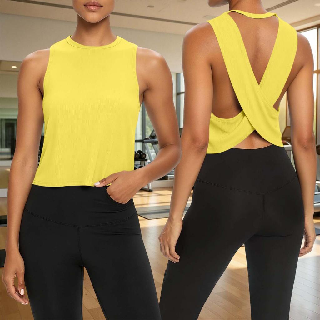 Sleeveless Athletic Tank Top Cross Back Design Lightweight Breathable Fabric Stretch Fit Workout Shirt for Women Gym Running Yoga