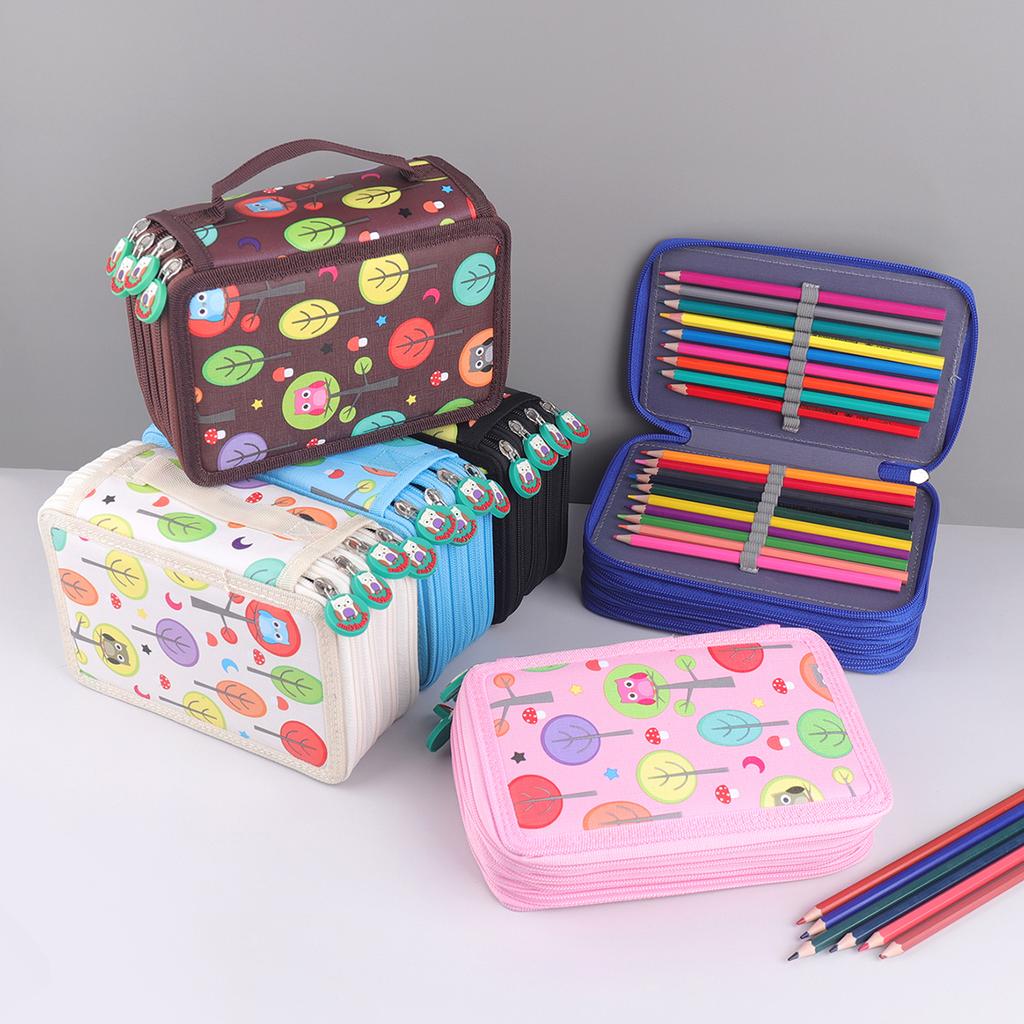 Cute owl shaped zipper pull Four-layer pencil case, portable exquisite stationery storage bag, essential art drawing pencil case