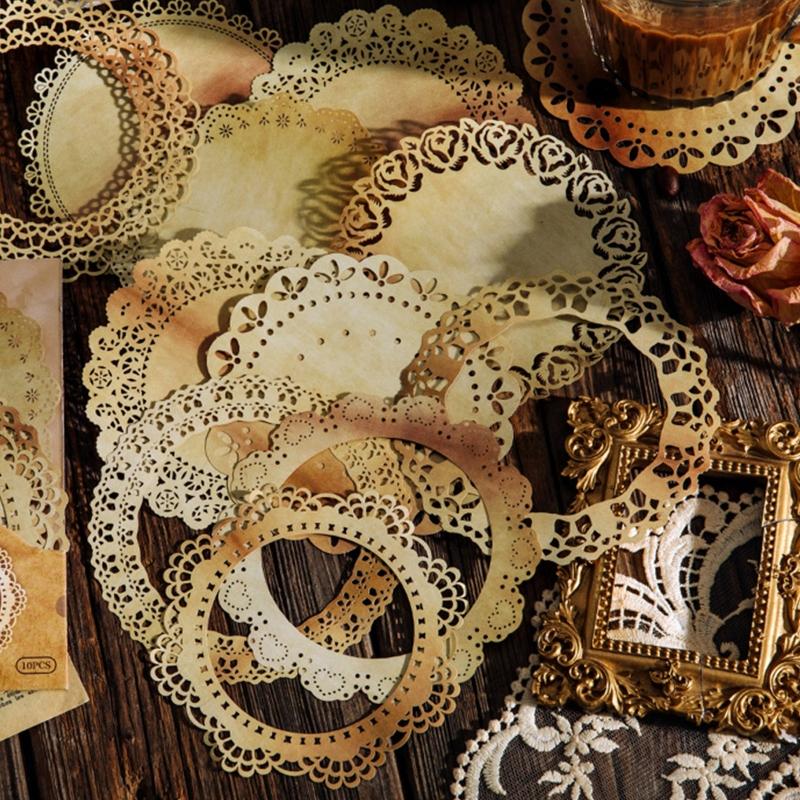 10-sheet Junk Journal Vintage Yellowed Coffee Dyed Hollow Lace Material Paper DIY Scrapbooking Collage Diary Album Decor