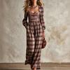 Women's Retro Plaid Square Neck Button Front Wide Leg Jumpsuit with Fitted Waist