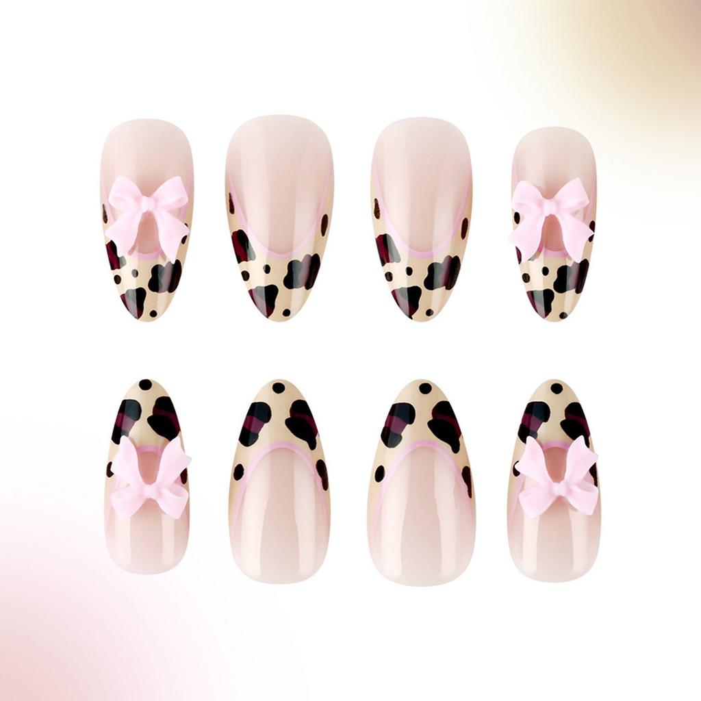 3D Bows Full Cover Stick On Nails French Tip Press On Nails Almond Artificial Nails False Nails with Leopards Designs