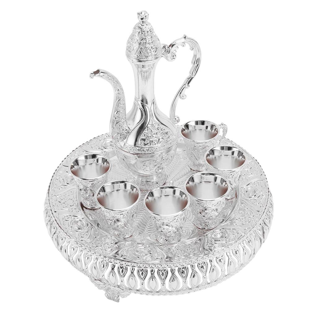 Vintage Wine Pot Set European Retro Coffee Pot Tray Kit Decorative Zinc Alloy Exquisite Carving Wine Cups for Home Party Dinner