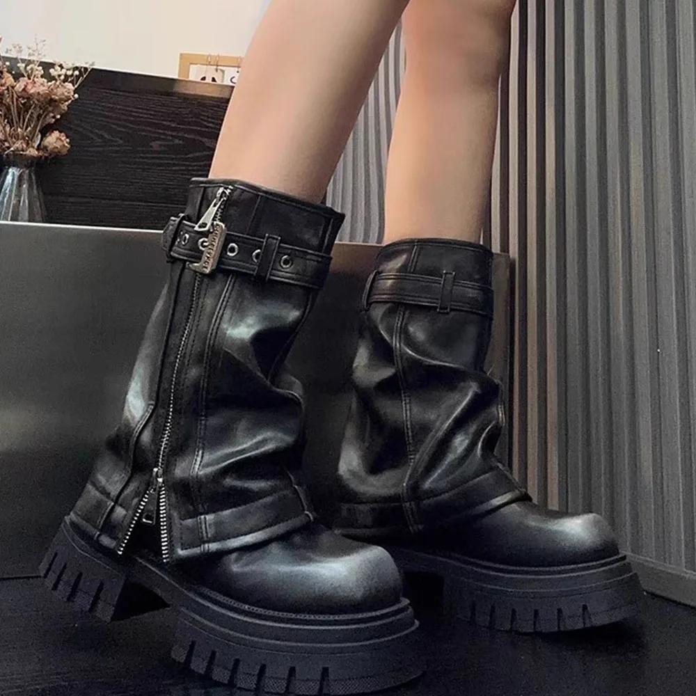 Fashion Brand Desinger Knight Women Mid Calf Boots Chunky High Heeled Platform Punk Motorcycle Long Booties Goth Street Shoes For Women