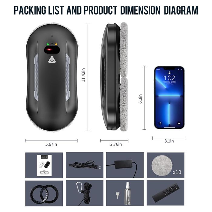 Robot window cleaner - Robot window wash 5600Pa - Automatic spraying - 3 cleaning modes - Remote control & 10 cleaning cloths