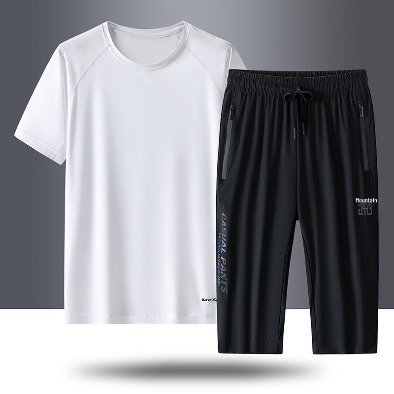 Men's Quick-Dry Ice Silk Summer Suit - Short Sleeve Top & Multi-Length Sports Pants