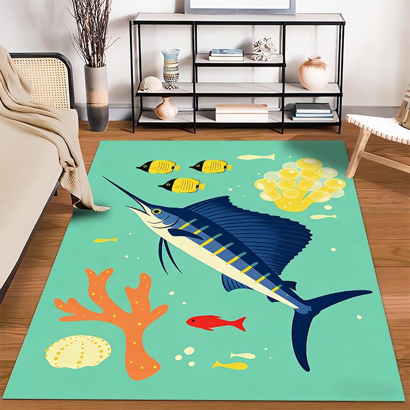 Tropical Ocean Theme Carpet with Marlin, Coral, and Yellow Fish Design Suitable for use as an anti-slip for living room bedroom sofas