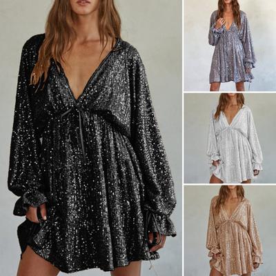 Lady Club Party Dress Deep V Neck Shimmering Sequin Loose Solid Color Long Sleeve Bow Lace-up Strap Slimming Look Mini Dress