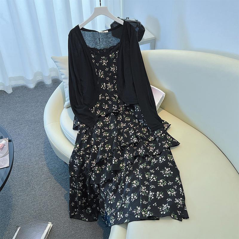 

Женское платье-халтер с французским цветочным принтом больших размеров, комплект с вязаным кардиганом для защиты от солнца, летний новый стиль 5XL