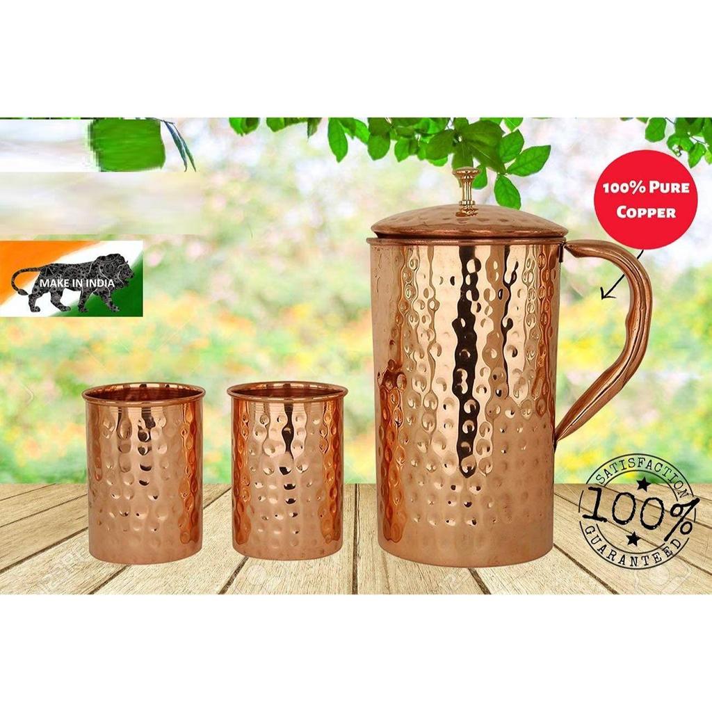 Měděná láhev na vodu, 1000 ml, sada 1 ks, zelený potisk (Džbán se 2 sklenicemi)
