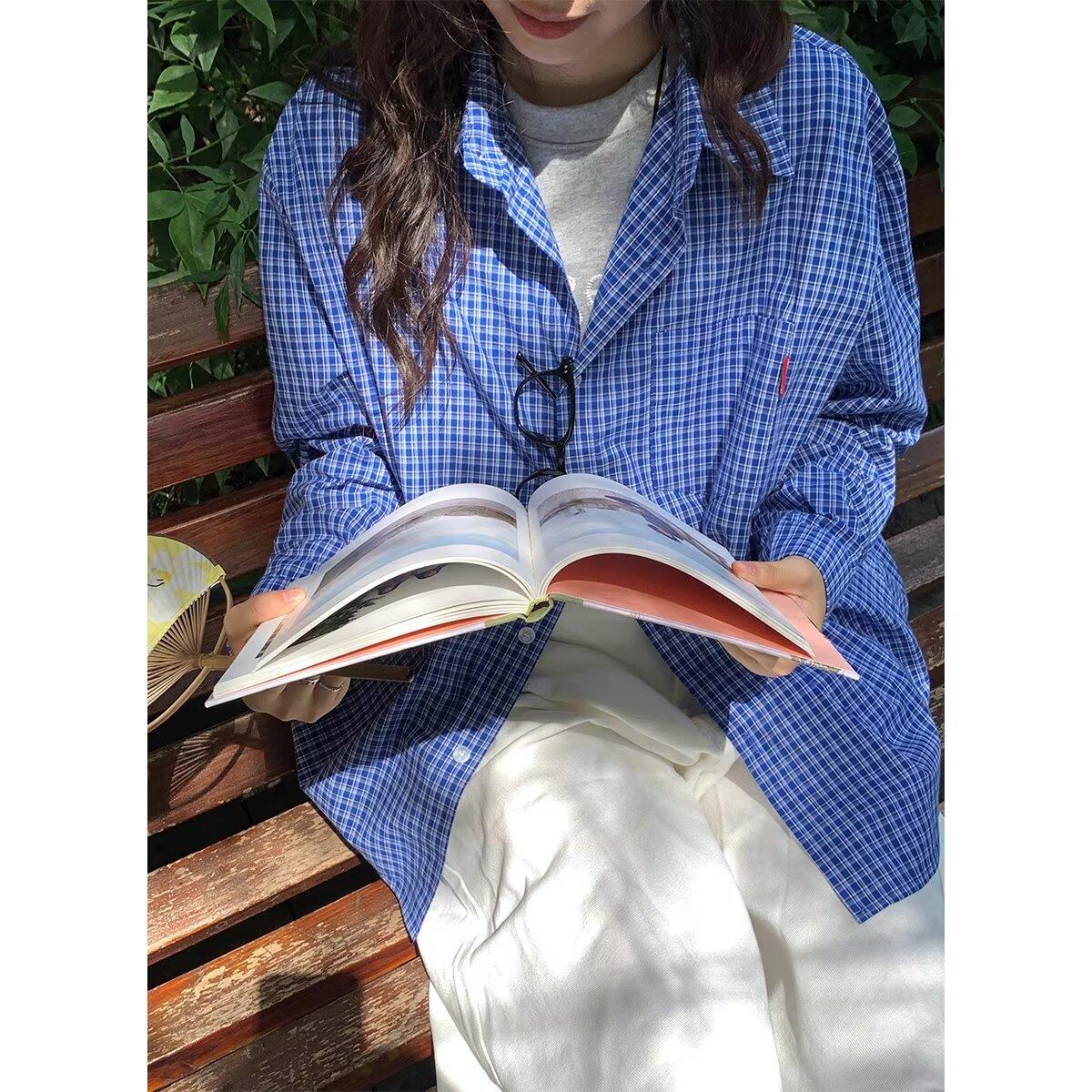 

Осенний девичий стиль, новая рубашка с длинными рукавами и заплаткой на спине, новое клетчатое универсальное простое платье-бандаж, модный топ 2XL синий