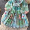 Vintage Women Single Breasted Gorgeous Flower Print Shirt Dress New Autumn Notched Collar Linen Boho Holiday A Linen Mini Dress
