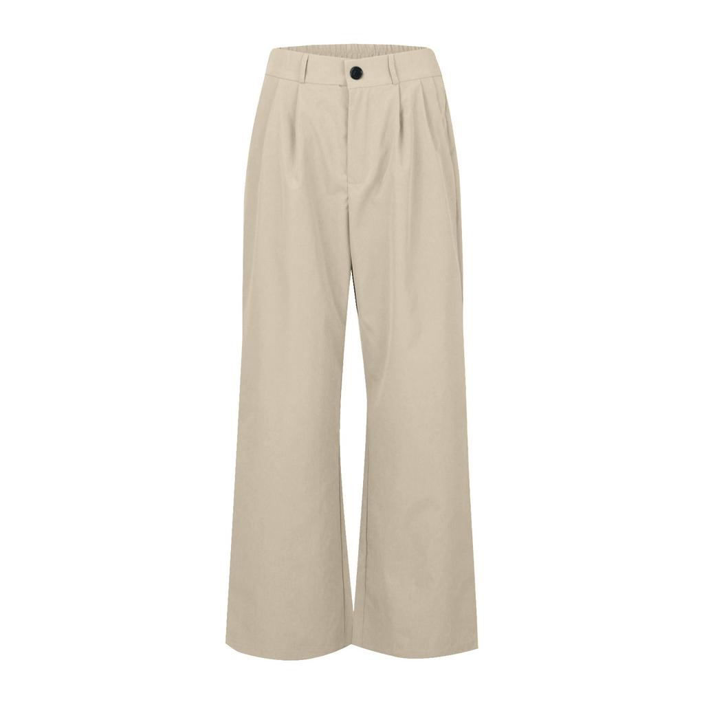 Women's Color Casual Wide Leg High Waist Button And Zipper Elastic Waist Pants With Pockets