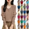 Women's Fashion Flat-Knit V-Neck Pullover Sweater Solid Color Long-Sleeve Top