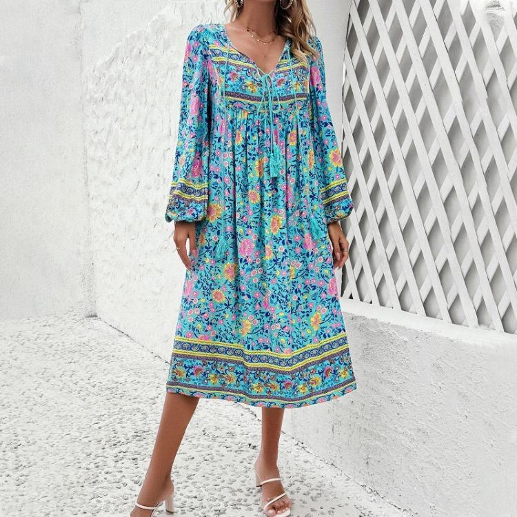 Spring Summer Casual Vacation Women Printed Long Sleeved Dress