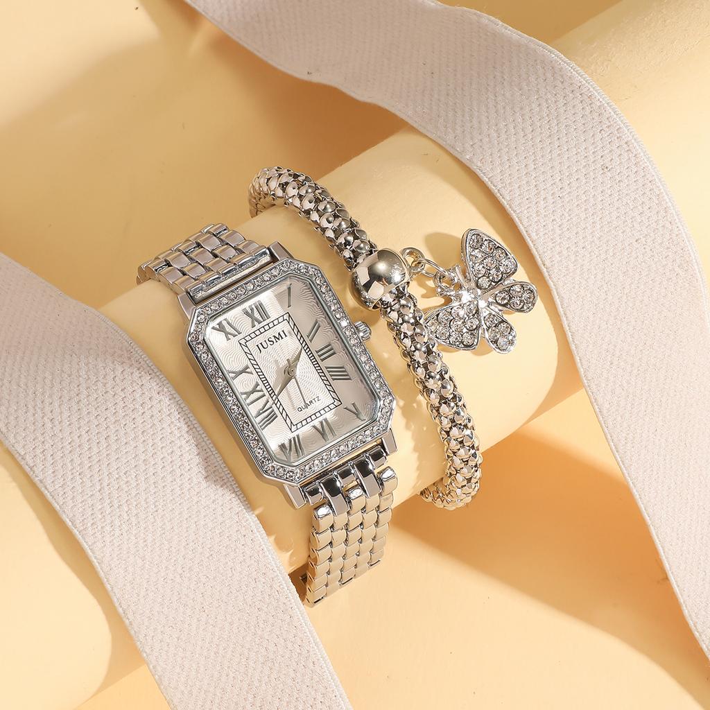 Fashionable simple small square diamond dial with steel strap women's quartz watch set of 12, suitable for Christmas and Hallowe