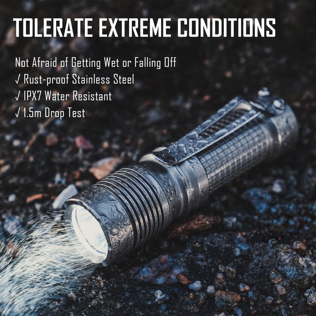 KeyUnity a 90mm Long LED Flashlight with Stainless Steel Compatible with 16340 IPX7 and Ideal for Outdoor Activities Like Night and Disaster KF01,