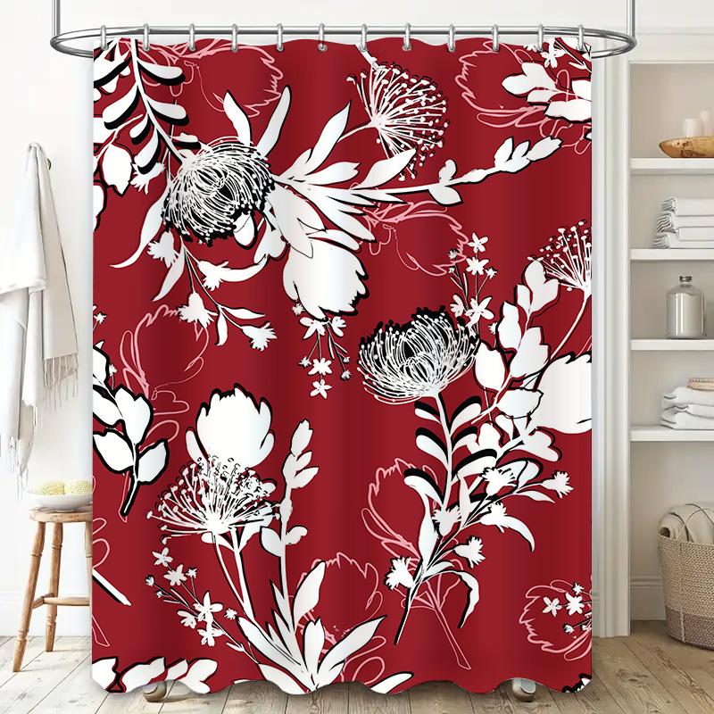 Red Floral Shower Curtain with Black White Flowers for Bathroom Decor Modern Home Textile Decoration Size Customizable 180cm X 1