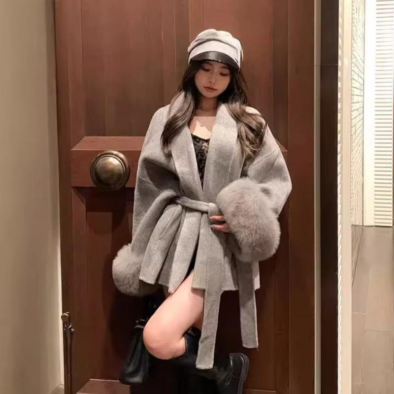 Long Sleeved Loose High-end Coat Medium Length Grey Tie Waist Collection Woolen Coat Women's Autumn Winter